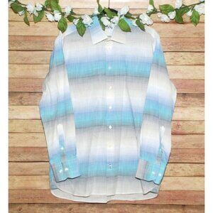 Sebastien James Designer Men L Button Down Dress Shirt Blue Stripe Cotton Luxury